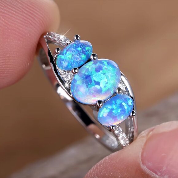 NEW 14k White Gold Blue Opal Diamond Ring Oval Cut Ring - Picture 2 of 6